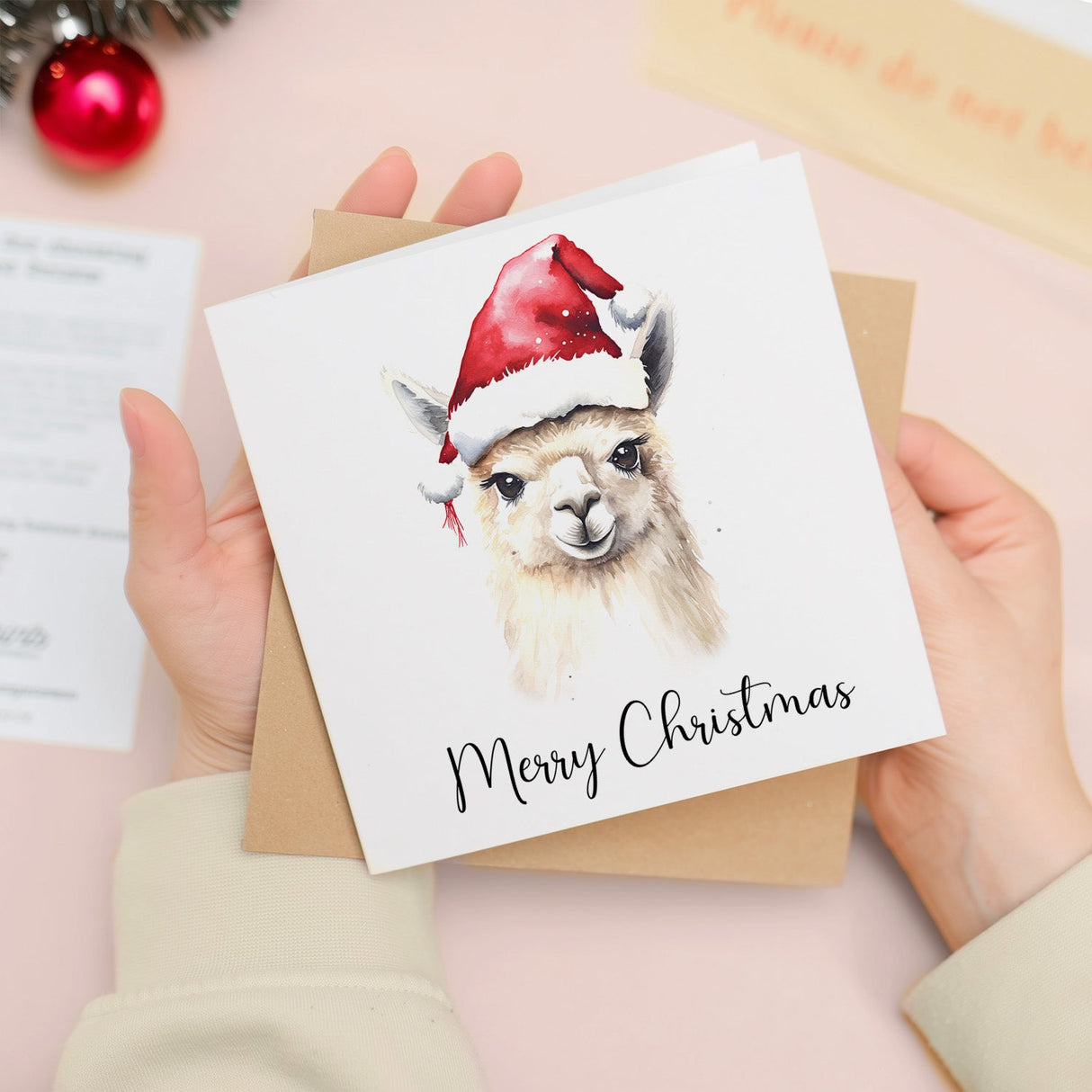 Christmas Llama Card Santa Hat Whimsical Watercolour for Animal Lover Him or Her