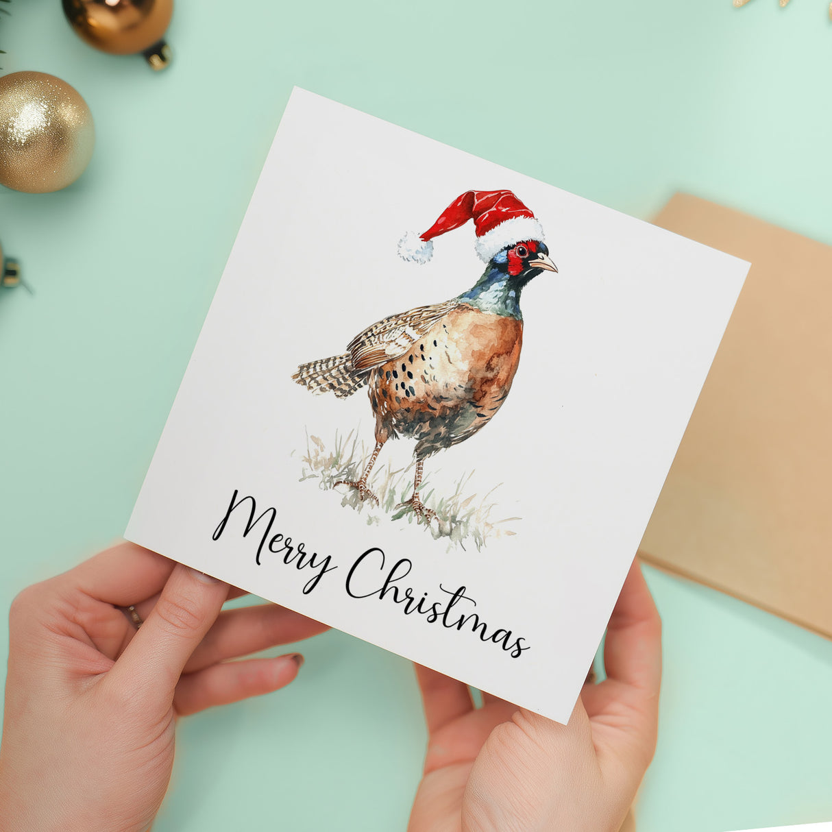 Fun Christmas Card of a Pheasant Wearing A Santa Hat Whimsical Watercolour Christmas Card For Bird Lover For Him or Her