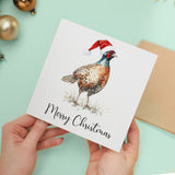 Whimsical Christmas Card Pheasant in Santa Hat Watercolour for Bird Lovers