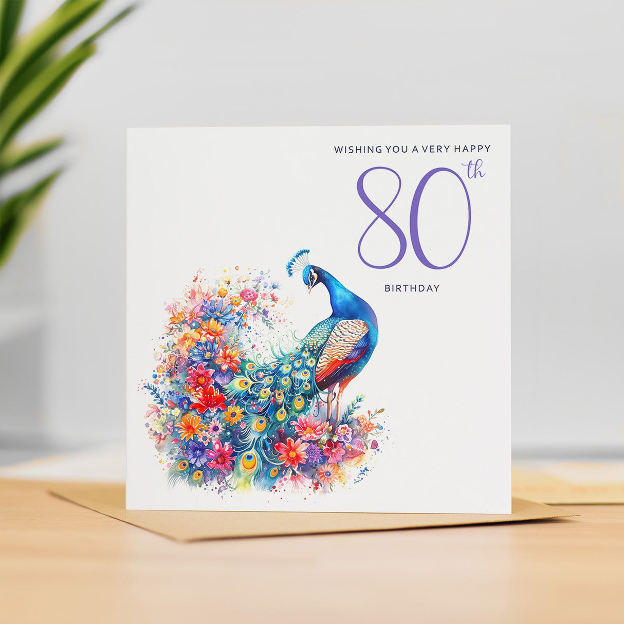 80th Birthday Card With Peacock Illustration Pretty Eighty Card For Mum, Gran or Friend Eightieth Birthday Card