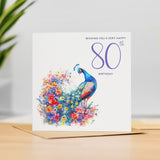 80th Birthday Card With Peacock Illustration Pretty Eighty Card For Mum, Gran or Friend Eightieth Birthday Card