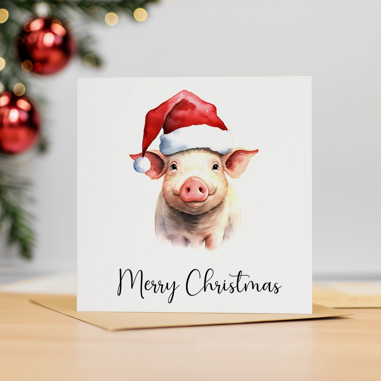 Fun Christmas Card of a Pig Wearing A Santa Hat Whimsical Watercolour Christmas Card For Animal Lover For Him or Her