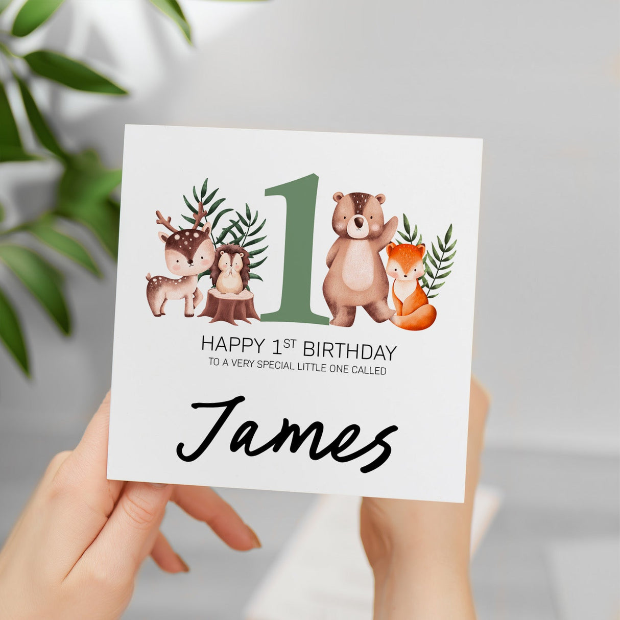 Personalised 1st Birthday Children's Card Woodland Themed First Birthday Card For Boy or Girl One Year Custom Card