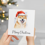 Fun Christmas Card of a Shiba Inu Dog Wearing A Santa Hat Whimsical Watercolour Christmas Card For Animal Lover For Him or Her