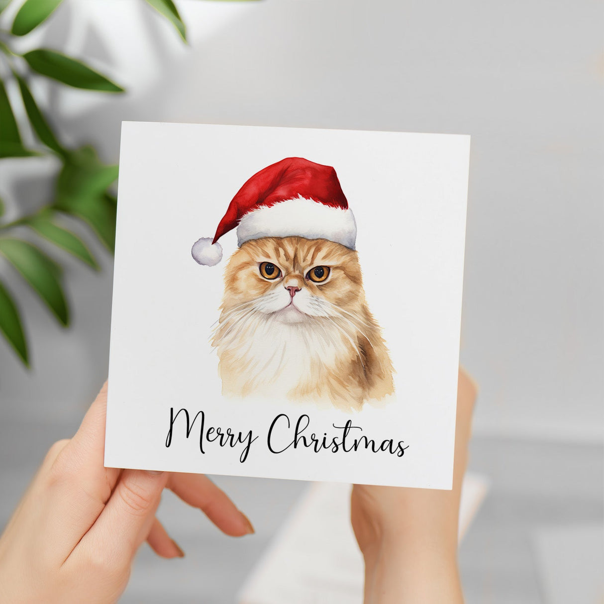 Fun Christmas Card of a Scotish Fold Wearing A Santa Hat Whimsical Watercolour Christmas Card For Animal Lover For Him or Her