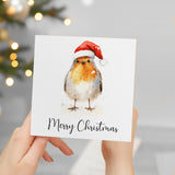 Fun Christmas Card of a Robin Wearing A Santa Hat Whimsical Watercolour Christmas Card For Bird Lover For Him or Her