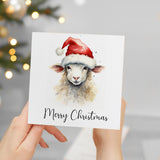 Fun Christmas Card of a Sheep Wearing A Santa Hat Whimsical Watercolour Christmas Card For Animal Lover For Him or Her